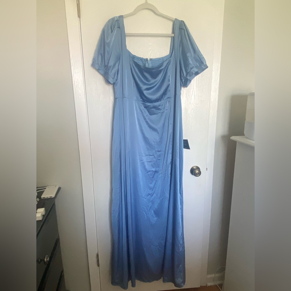 Dusty Blue Satin Puff-Sleeved Gown